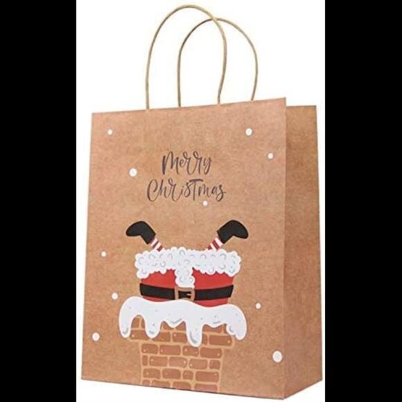 12Pcs Santa Claus Christmas Kraft Paper Gift Wrap Bags, Chimney Xmas Tree, 10 In - Picture 7 of 7